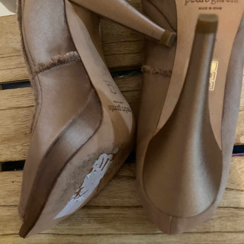 Copper Satin heels Fully covered  fabric approximately 3”‘heals Excellent